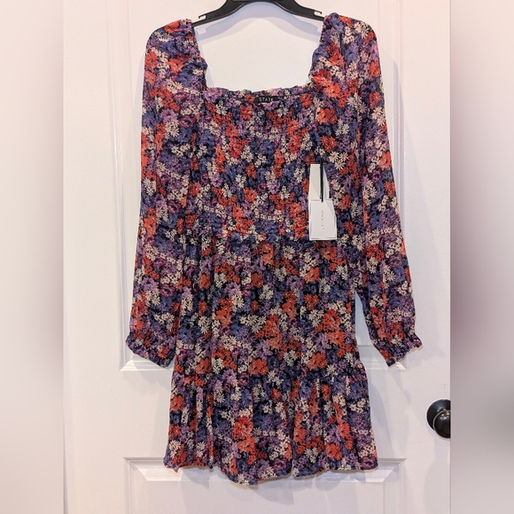 NWT 1. State Twilight Purple Floral Smocked Square Neck Mini Dress Small Boho - Picture 2 of 6